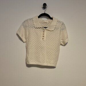 LC Lizette Collection Cream Pointelle Knit Polo Top Short Sleeve